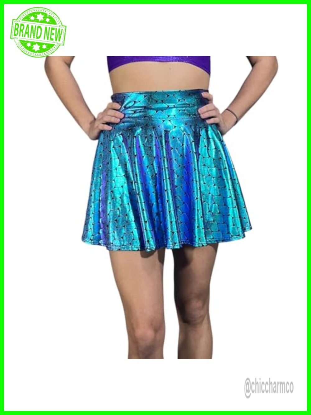 Holographic Mermaid Scales High-Waisted Skater Skirt Made in USA